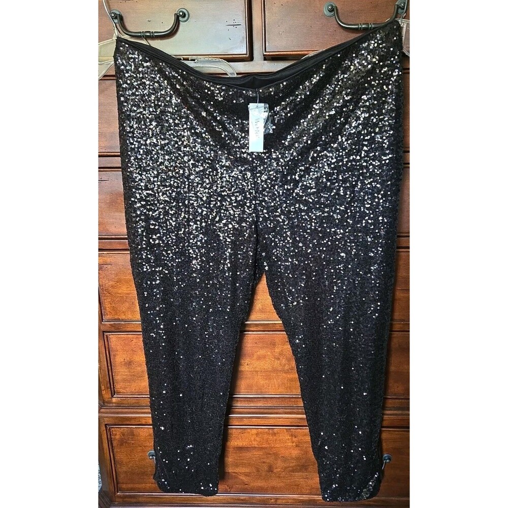 NWT WDNY Gorgeous Elastic Waist Black Sequin Pants 3X side & ankle zip